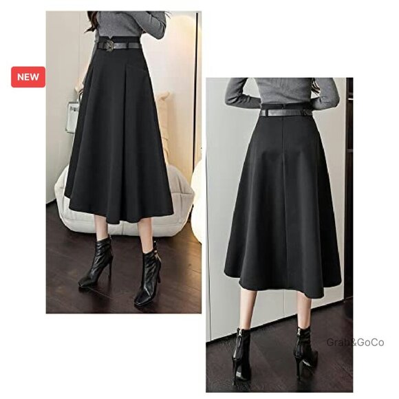 Wool Midi Skirt High Waisted A-Line Pleated Belted Elegant Fall Winter - Picture 6 of 8